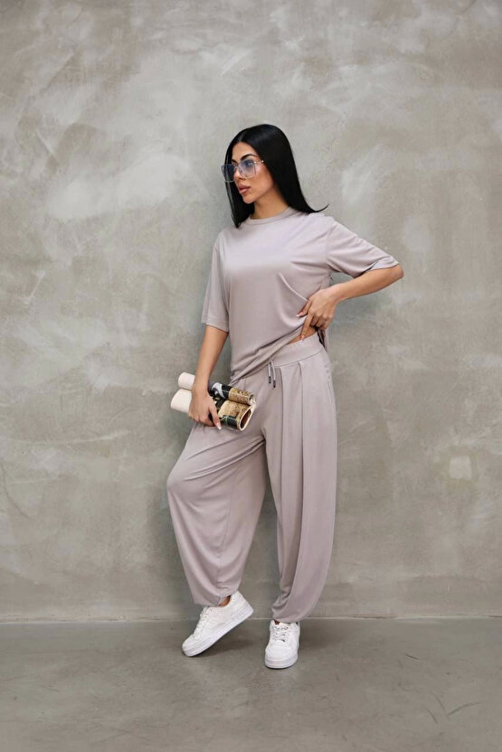 Osy Modal Yumuşak Dokulu Kumaş Oversize Bisiklet Yaka T-shirt Jogger Eşofman Altı Eşofman Takımı - G