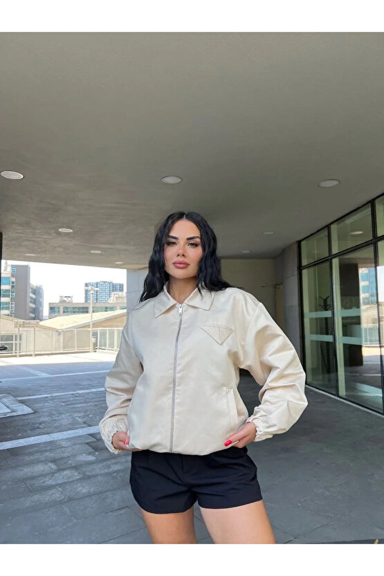 Fermuarlı Gömlek Yaka Bomber Ceket - Beyaz