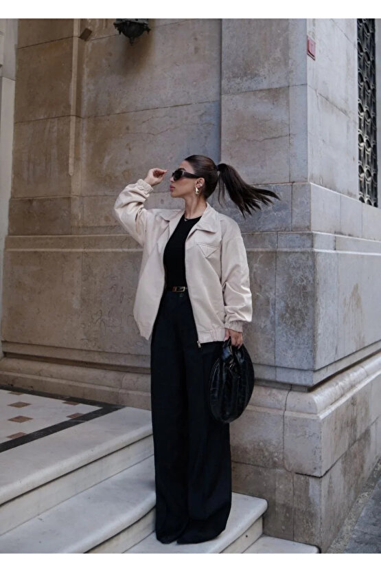 Fermuarlı Gömlek Yaka Bomber Ceket - Beyaz