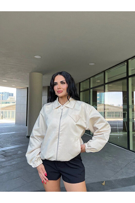 Fermuarlı Gömlek Yaka Bomber Ceket - Beyaz