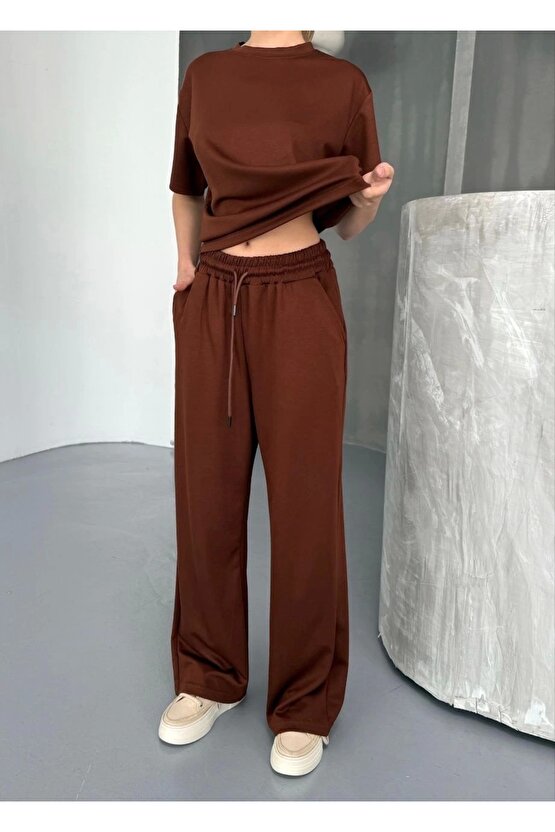 Osy Modal Yumuşak Dokulu Kumaş Kısa Kollu Bluz Rahat Pantalon ikili Takım- Kahverengi