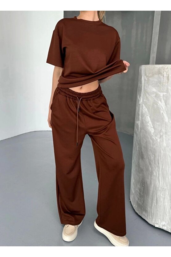Osy Modal Yumuşak Dokulu Kumaş Kısa Kollu Bluz Rahat Pantalon ikili Takım- Kahverengi