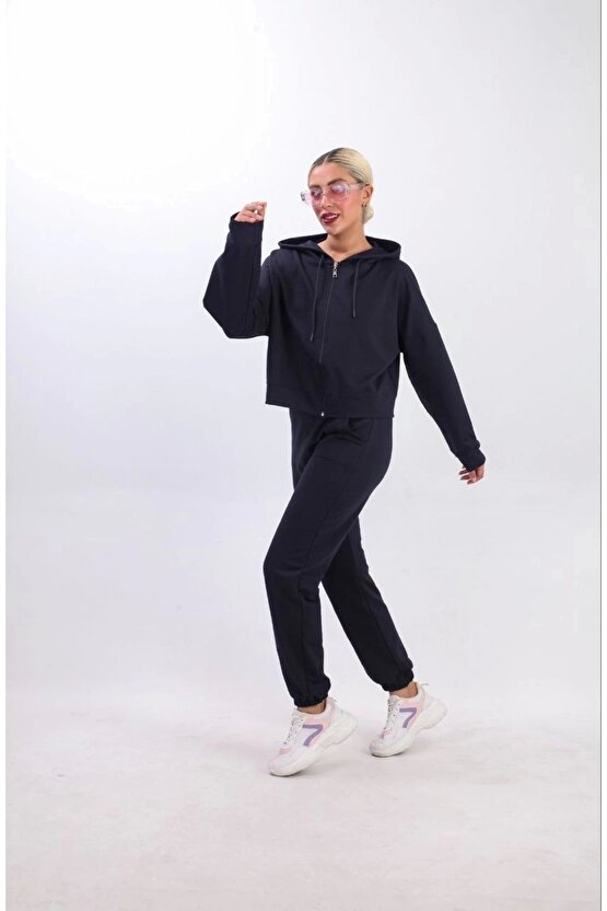 iki iplik Kapüşonlu Fermuarlı Crop Oversize Hırka Takım- Lacivert