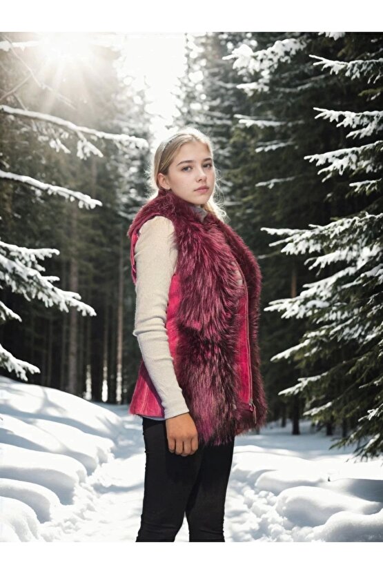 Kadın Kolsuz Hakiki Yelek - Fuşya