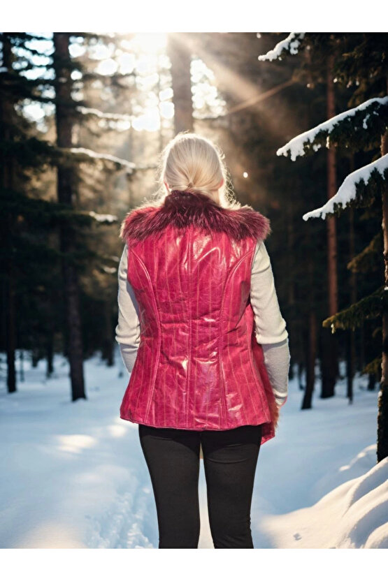 Kadın Kolsuz Hakiki Yelek - Fuşya