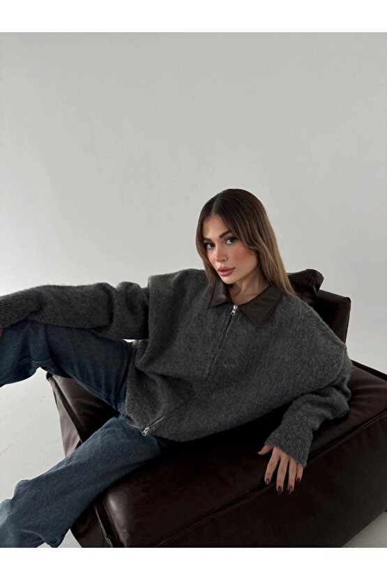 Deri Yakalı Pamuk dokulu Çift Taraflı Çalışan Fermuar Ceket - Füme