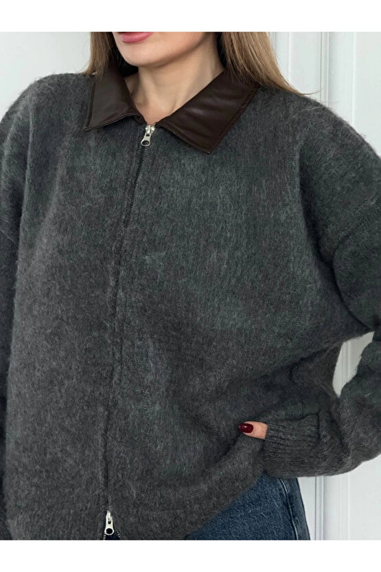 Deri Yakalı Pamuk dokulu Çift Taraflı Çalışan Fermuar Ceket - Füme