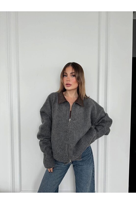 Deri Yakalı Pamuk dokulu Çift Taraflı Çalışan Fermuar Ceket - Füme