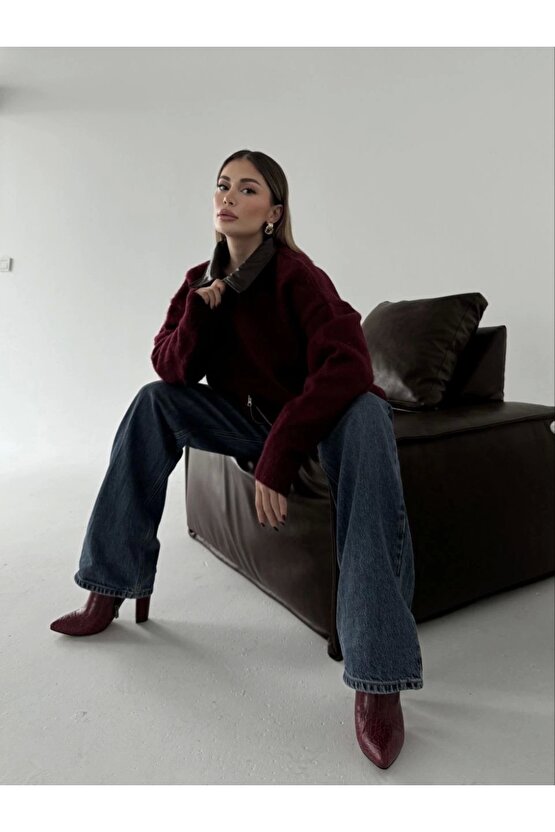 Deri Yakalı Pamuk dokulu Çift Taraflı Çalışan Fermuar Ceket - Bordo