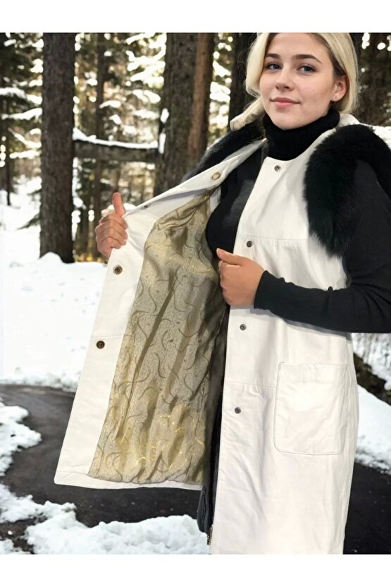 Kadın Kolsuz Hakiki Deri Kürk - Beyaz