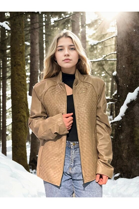 Kadın Fileli Deri Ceket - Krem