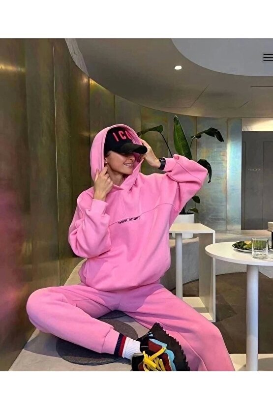 Velmora Nakış İşlemeli Üç İplik Sweat Takım- Pembe -VLMR