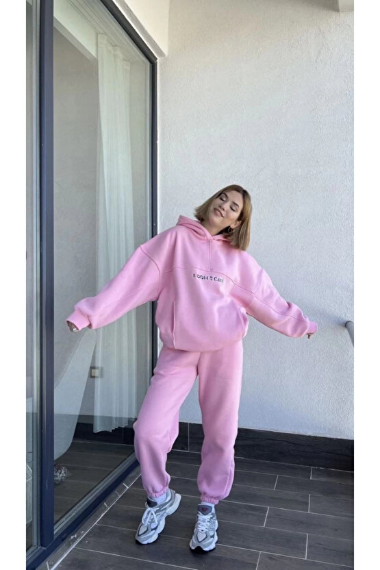 Velmora Nakış İşlemeli Üç İplik Sweat Takım- Pembe -VLMR