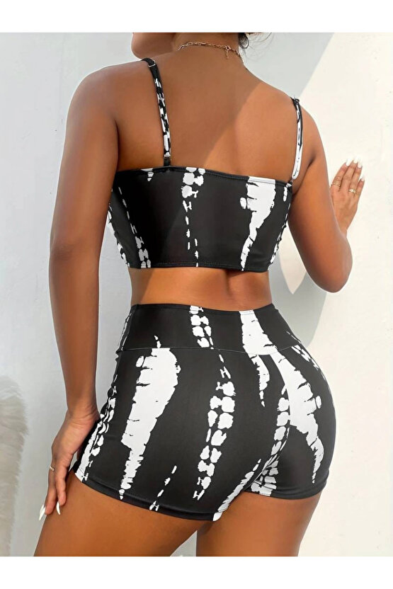 Kadın Büzgü Detay Askılı Crop Mini Tayt Ikili Takım