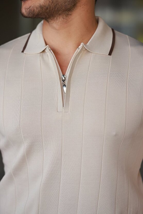 Erkek Fermuar Yakalı çizgi Dokulu Kısa Kollu Tişört