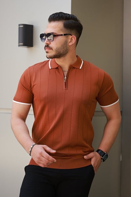 Erkek Fermuar Yakalı çizgi Dokulu Kısa Kollu Tişört