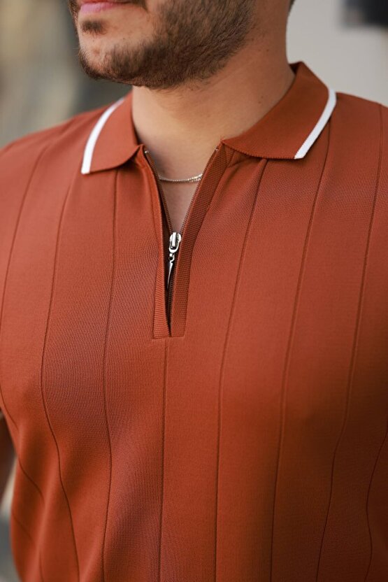 Erkek Fermuar Yakalı çizgi Dokulu Kısa Kollu Tişört