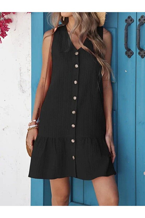 Kadın Kolsuz V Yakalı önden Düğmeli Fırfırlı Narin Elbise