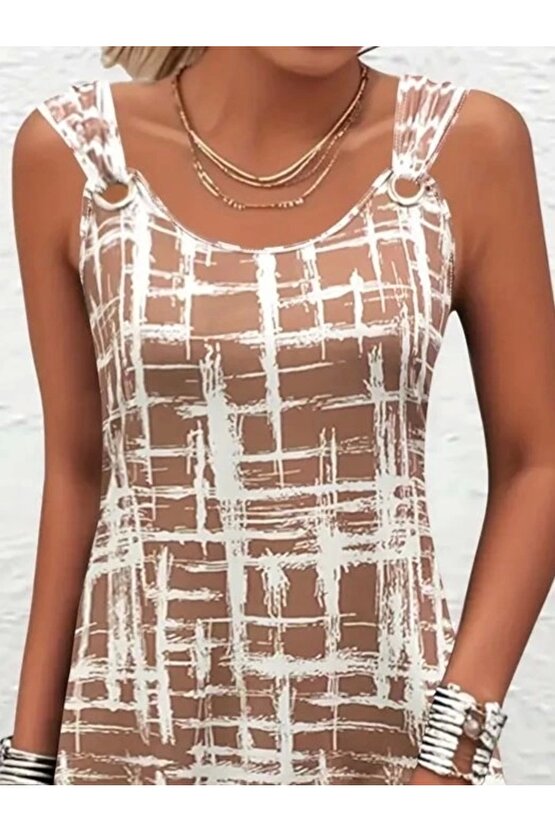 Kadın Askılı Kuş Gözü Detaylı Desenli Süprem Elbise