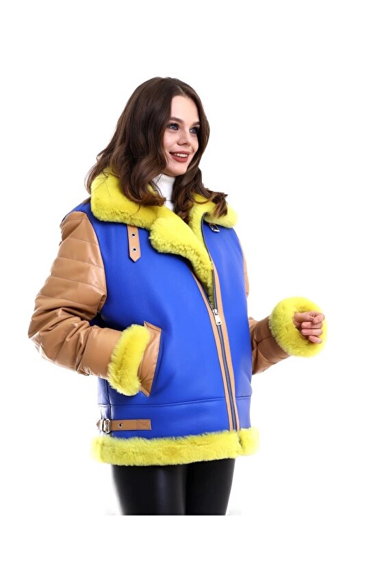 Kadın Koyun Derisi Pilot Hakiki Kürk - Sarı