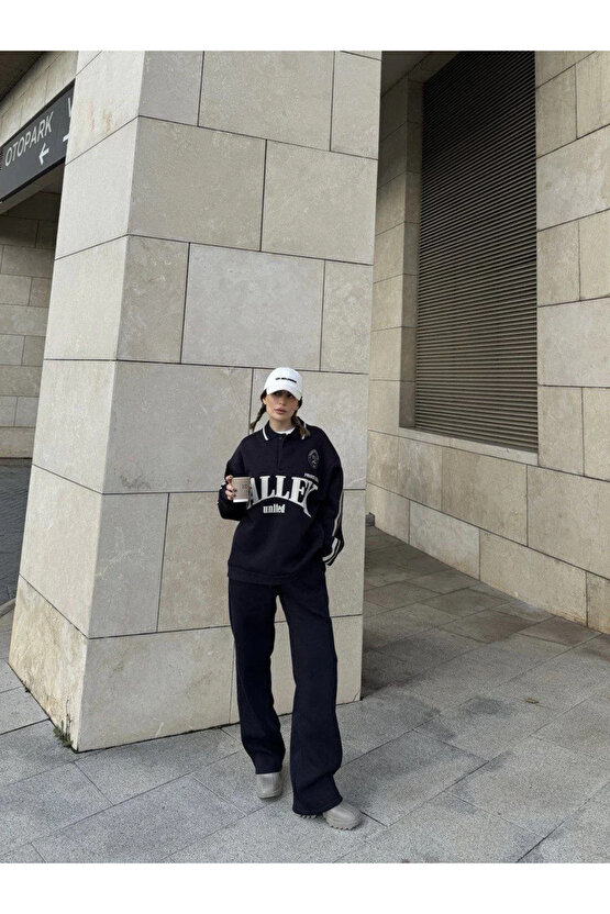 Üç İplik Yakalı Sweat Baggy Pantalonlu Takım - Siyah