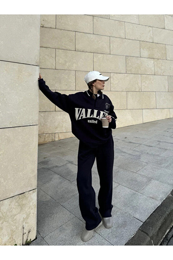 Üç İplik Yakalı Sweat Baggy Pantalonlu Takım - Siyah