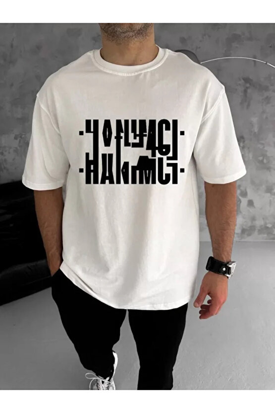 Unisex Bisiklet Yaka Katlanan Baskılı T-Shirt - Beyaz