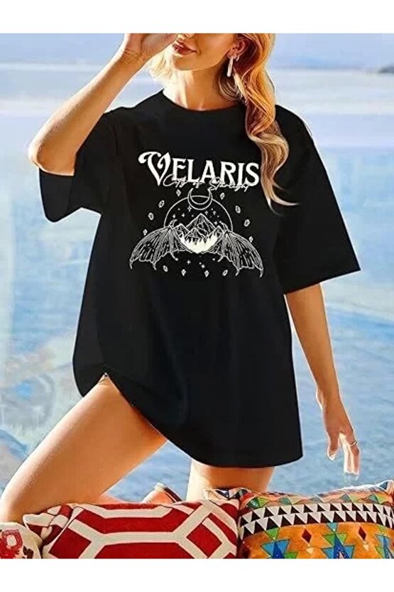 Kadın Bisiklet Yaka Baskılı T-shirt - Siyah