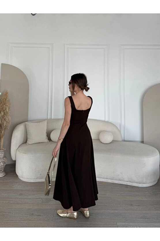 MDB ırt Dekolteli Kolsuz Uzun Elbise Kahverengi