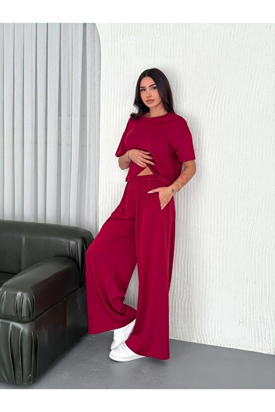 Osy Modal Yumuşak Dokulu Kumaş Bisiklet Yaka T-shirt Bol paça Pantalon ikili Takım -Bordo