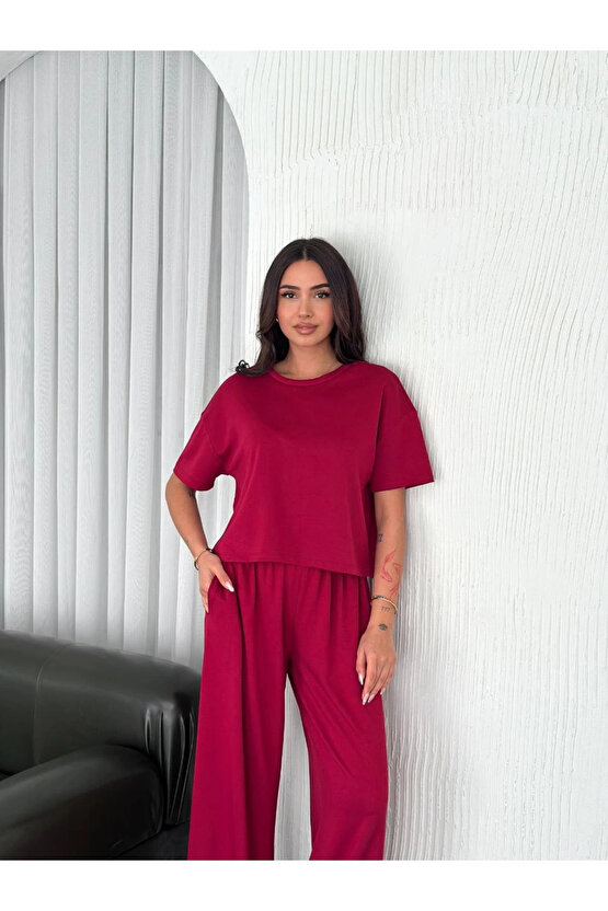 Osy Modal Yumuşak Dokulu Kumaş Bisiklet Yaka T-shirt Bol paça Pantalon ikili Takım -Bordo