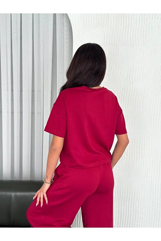 Osy Modal Yumuşak Dokulu Kumaş Bisiklet Yaka T-shirt Bol paça Pantalon ikili Takım -Bordo
