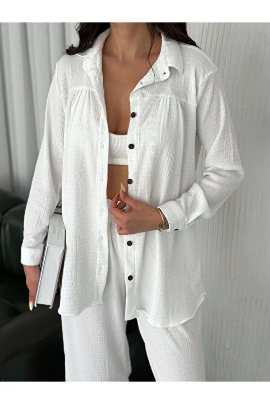 Yakalı Düğmeli Uzun Kollu Gömlek Pantolon ikili Takım - Beyaz