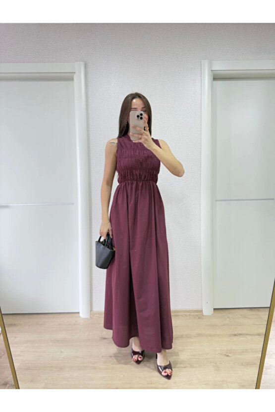 Kolsuz Göğüs Lastıklı Uzun Elbise - Bordo