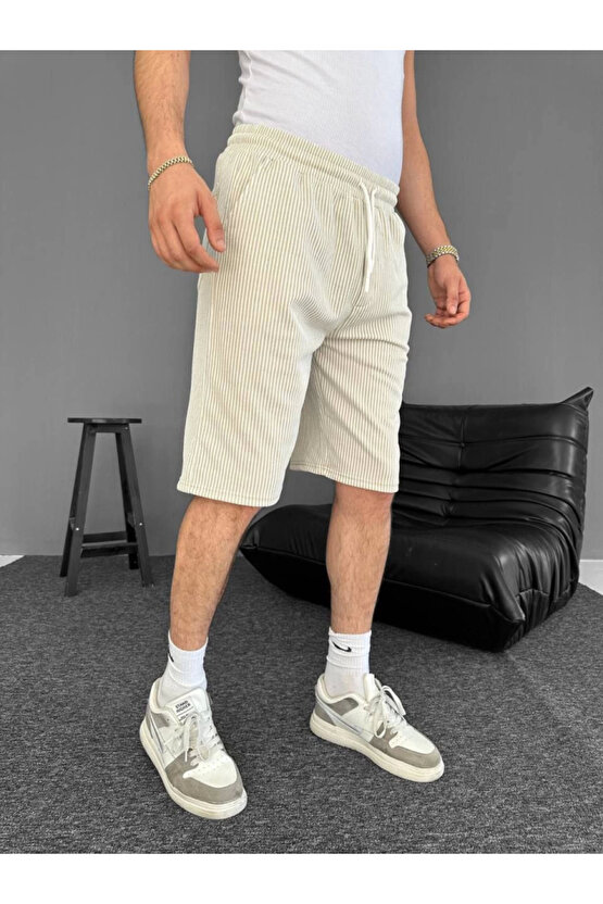 MDB u Yolu Çizgili Cepli Şort Bej