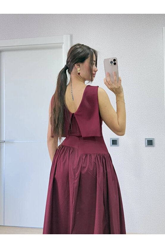 Krep Arkası Kanat Arka Ön Pens Detaylı Uzun Kadın Elbise - Bordo