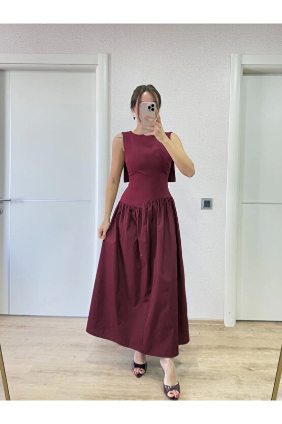 Krep Arkası Kanat Arka Ön Pens Detaylı Uzun Kadın Elbise - Bordo