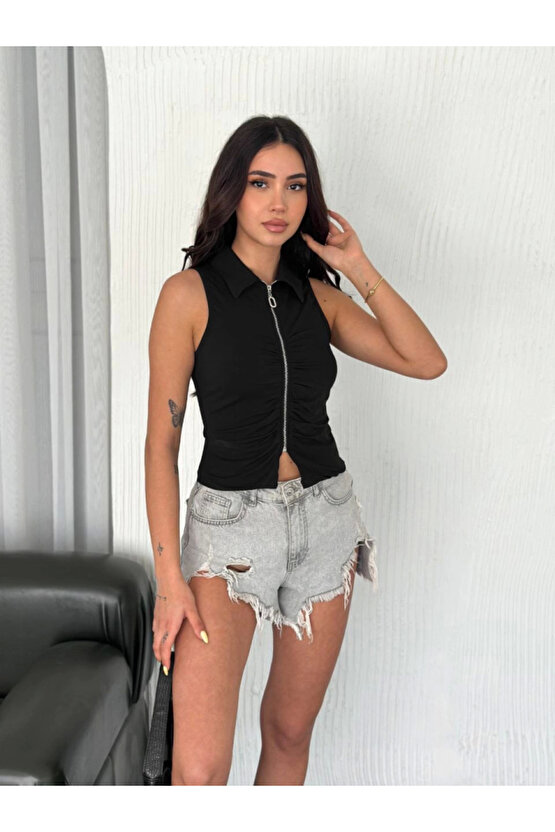 Yakalı Tam Fermuarlı Kolsuz Bluz - Siyah