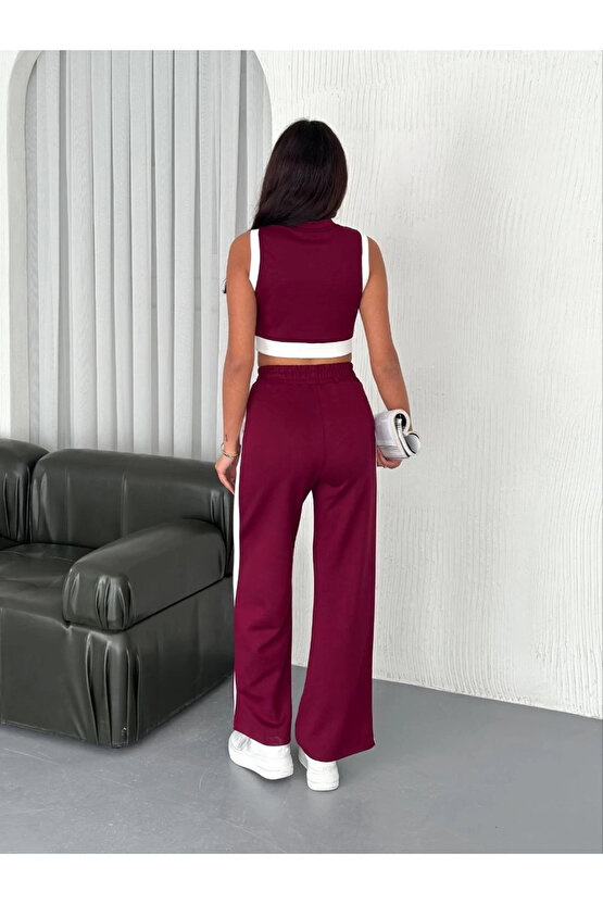 Osy Modal Yumuşak Dokulu Kumaş Tam Fermuarlı Crop Pantalon İkili Takım - Bordo