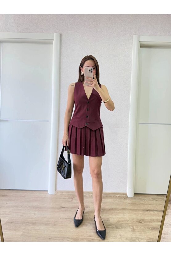 Keten Takım Görünümlü Düğme Detaylı Yelekli Mini Elbise - Bordo