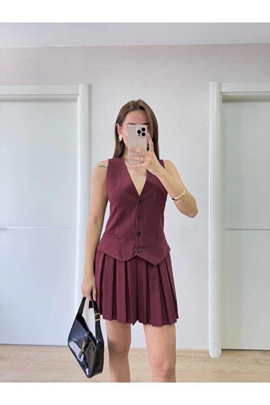 Keten Takım Görünümlü Düğme Detaylı Yelekli Mini Elbise - Bordo