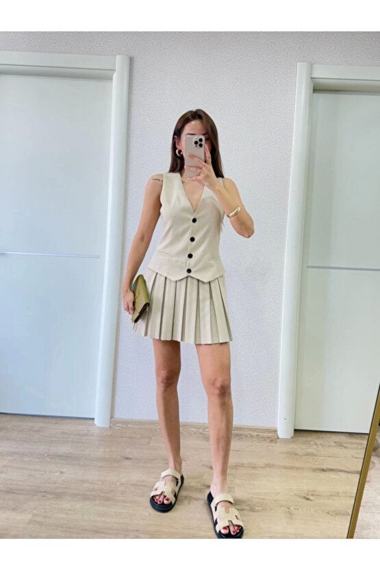 Keten Takım Görünümlü Düğme Detaylı Yelekli Mini Elbise - Bej