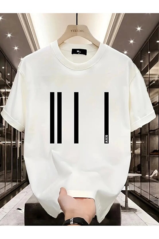 AICG Ön Arka Baskılı Bisiklet Yaka Kadın Oversize Bisiklet Yaka T-shirt - Beyaz