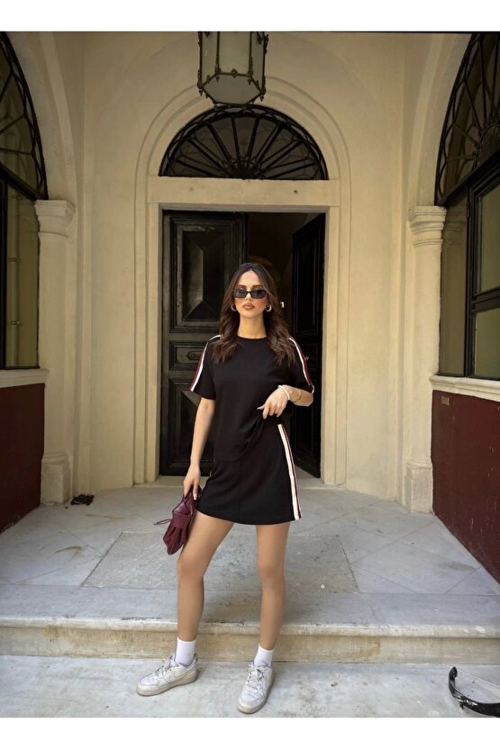 Osy Modal yumuşak dokulu Kumaş Kadın Parçalı Bisiklet Yaka T-shirt Mini Şortlu Etek İkili Takım - Si