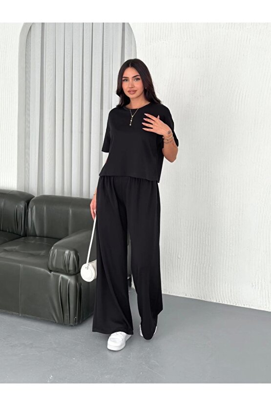 Osy Modal Yumuşak Dokulu Kumaş Bisiklet Yaka T-shirt Bol paça Pantalon ikili Takım -Siyah