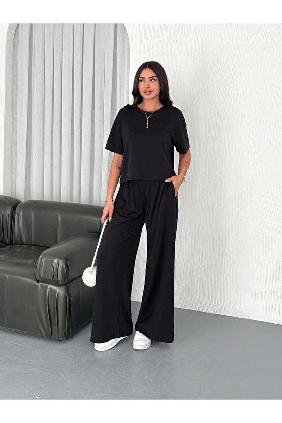 Osy Modal Yumuşak Dokulu Kumaş Bisiklet Yaka T-shirt Bol paça Pantalon ikili Takım -Siyah