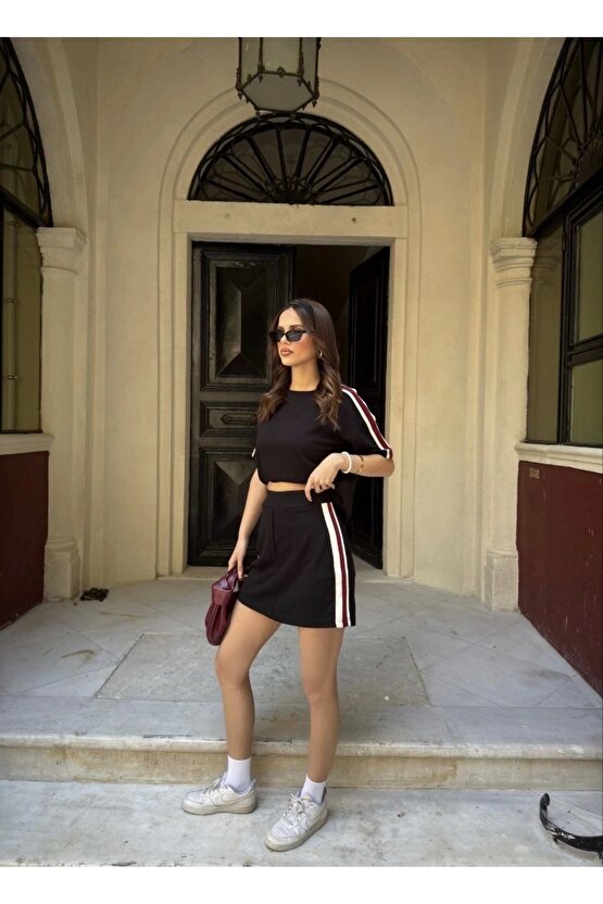 Osy Modal yumuşak dokulu Kumaş Kadın Parçalı Bisiklet Yaka T-shirt Mini Şortlu Etek İkili Takım - Si