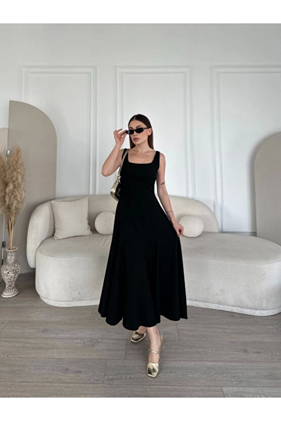 Sırt Dekolteli Kolsuz Uzun Elbise - Siyah