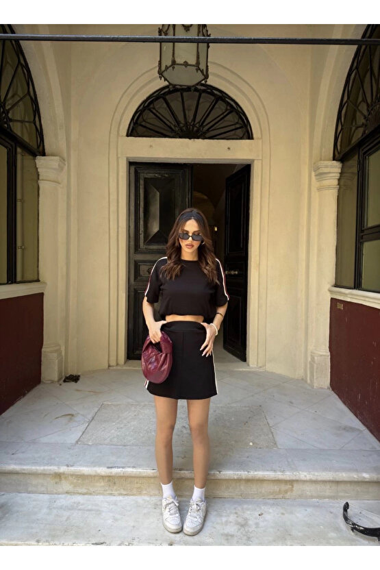 Osy Modal yumuşak dokulu Kumaş Kadın Parçalı Bisiklet Yaka T-shirt Mini Şortlu Etek İkili Takım - Si