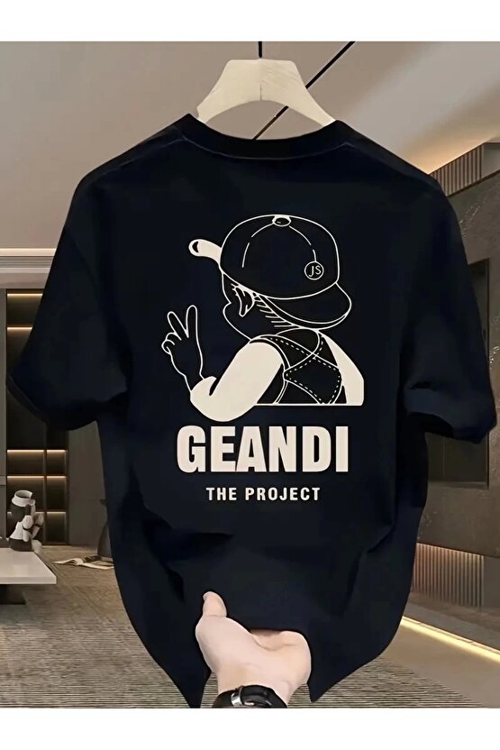 Geniş Kesim Pamuklu Tişört - GANDHI The Project Baskılı, Siyah, Rahat Kesim, Kısa Kollu, Günlük Kı